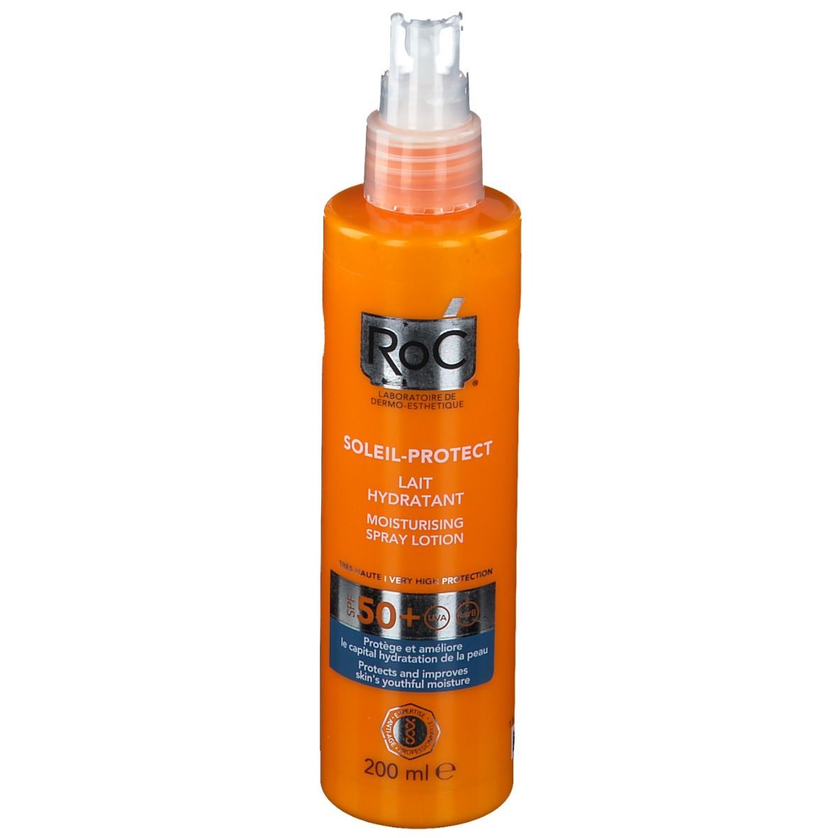 Flacon orange avec vaporisateur. Inscriptions: RoC Soleil-Protect Lait Hydratant, SPF 50+. 200 ml.