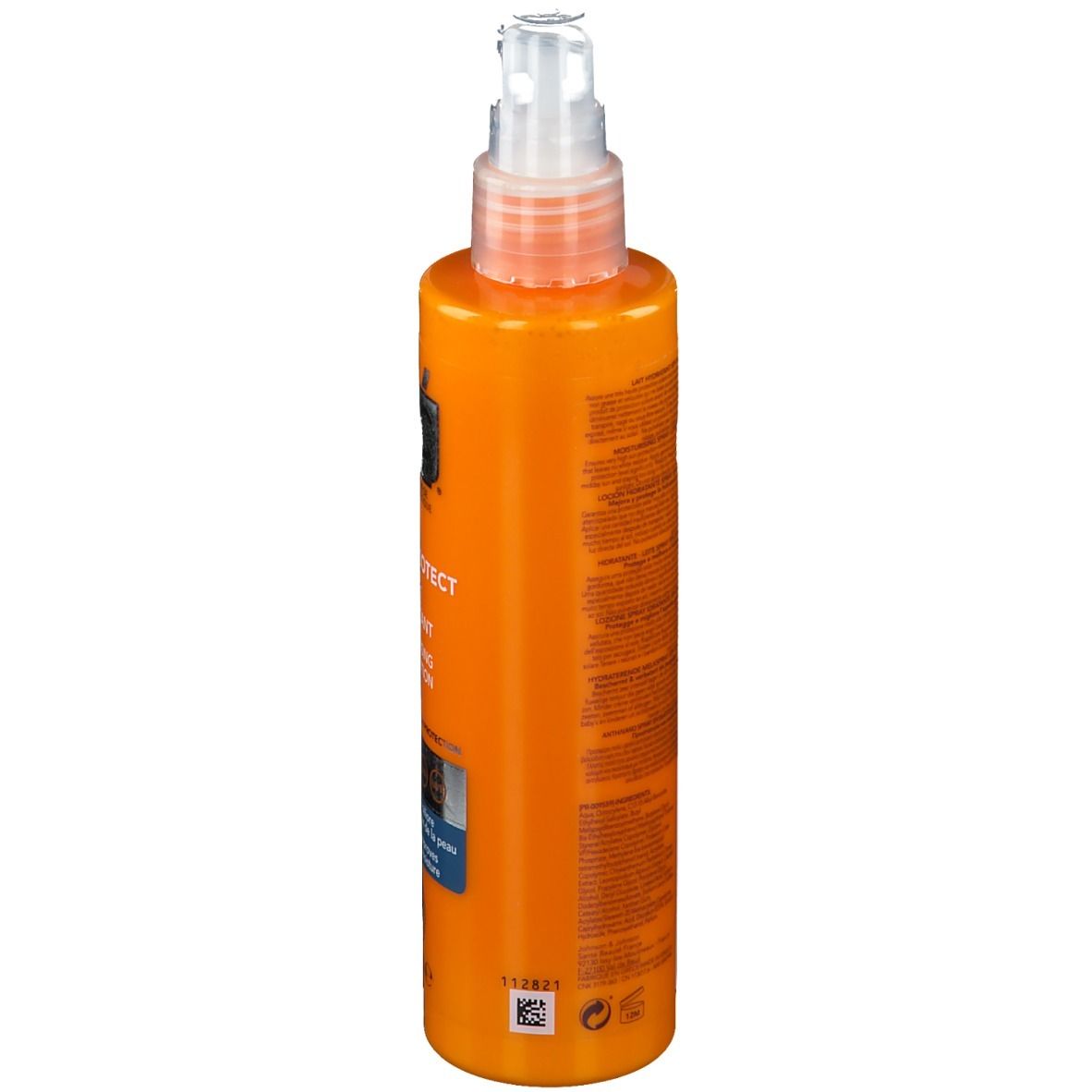 Flacon orange avec vaporisateur. Inscription: RoC Soleil-Protect. Texte sur le côté.