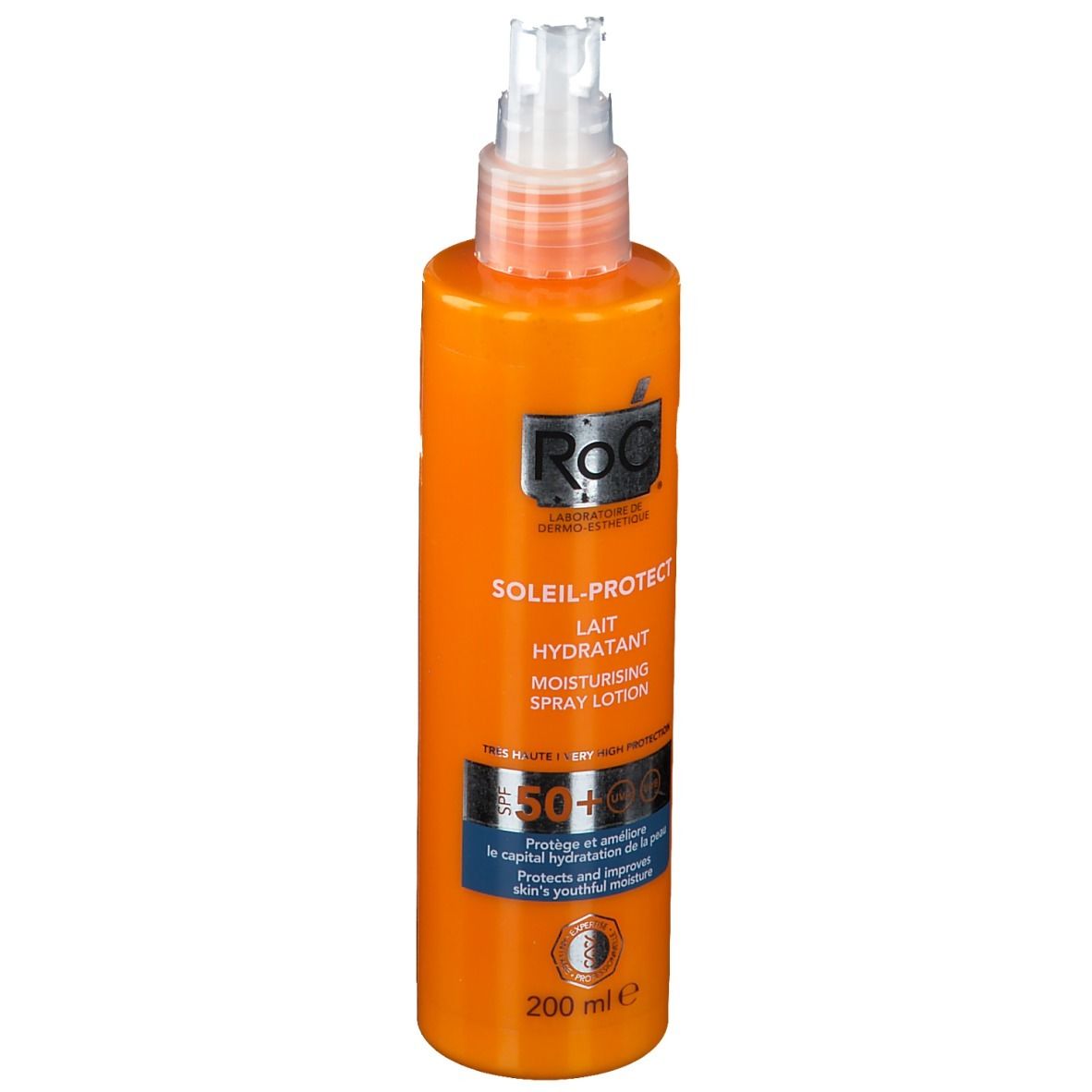 Flacon orange avec vaporisateur. Inscriptions: RoC Soleil-Protect Lait Hydratant, SPF 50+. 200 ml.