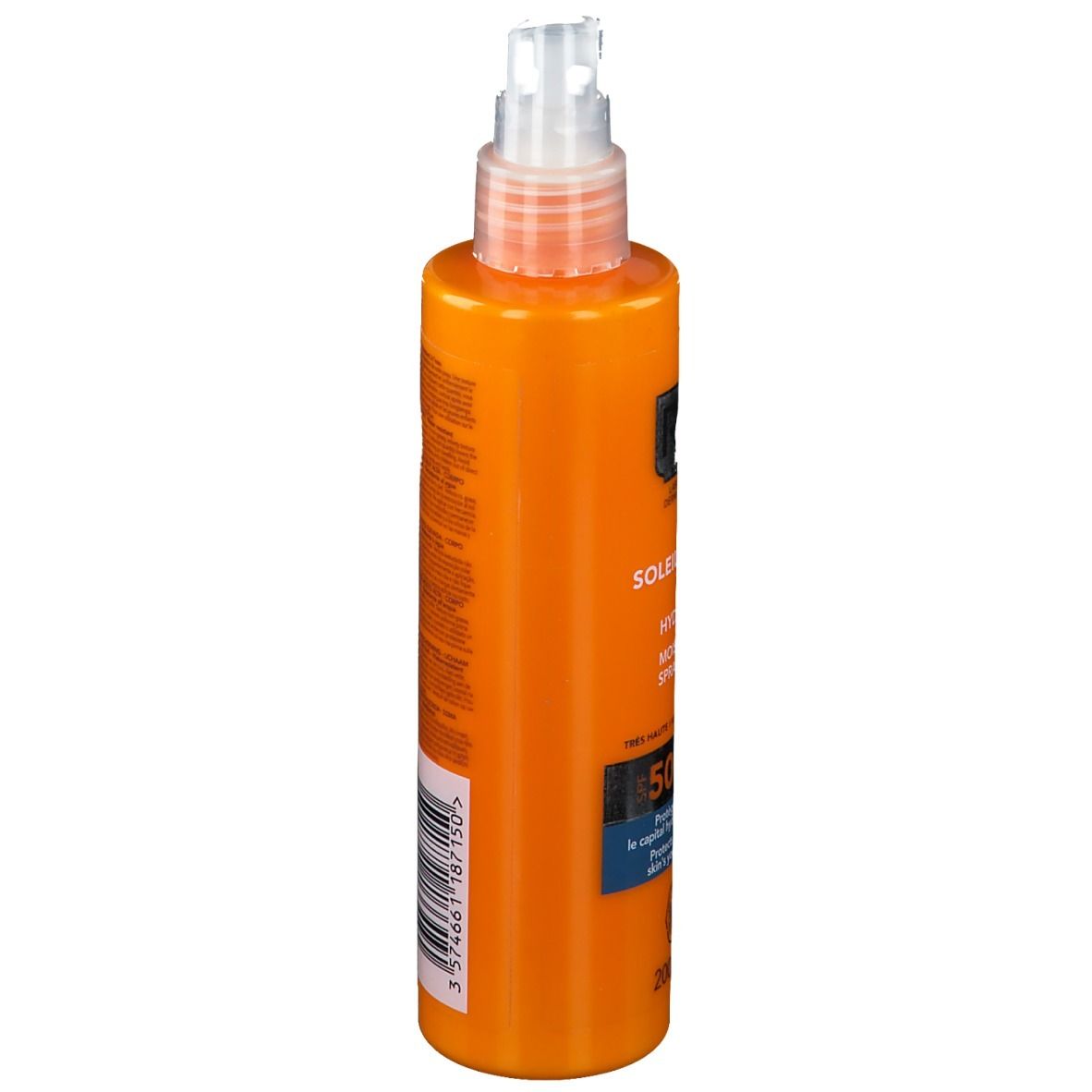 Flacon orange avec vaporisateur. Inscription: RoC Soleil-Protect, SPF 50+. Texte sur le côté.