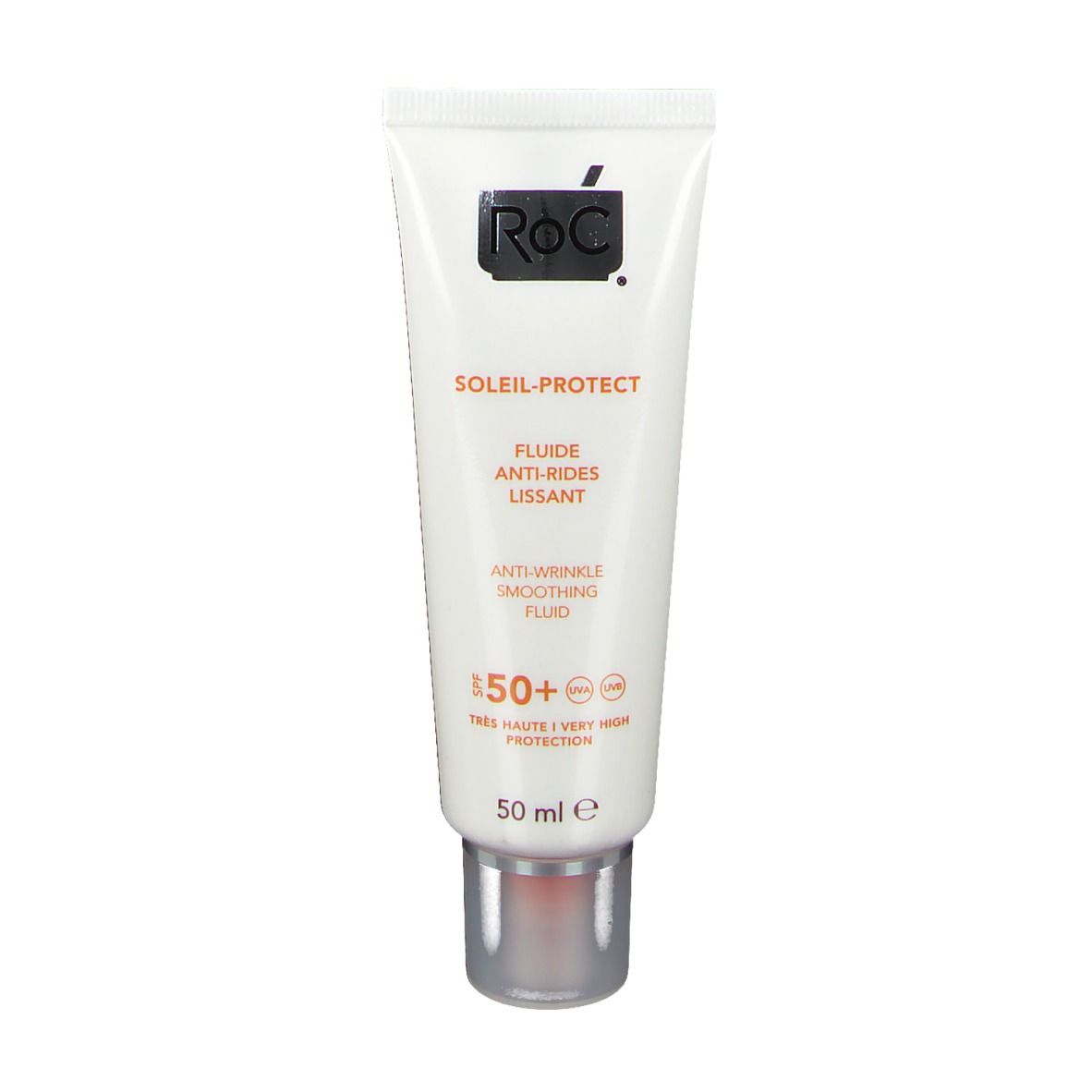 Tube blanc RoC SOLAIL-PROTECT. Inscription: Fluide anti-rides lissant. SPF 50+. 50 ml.