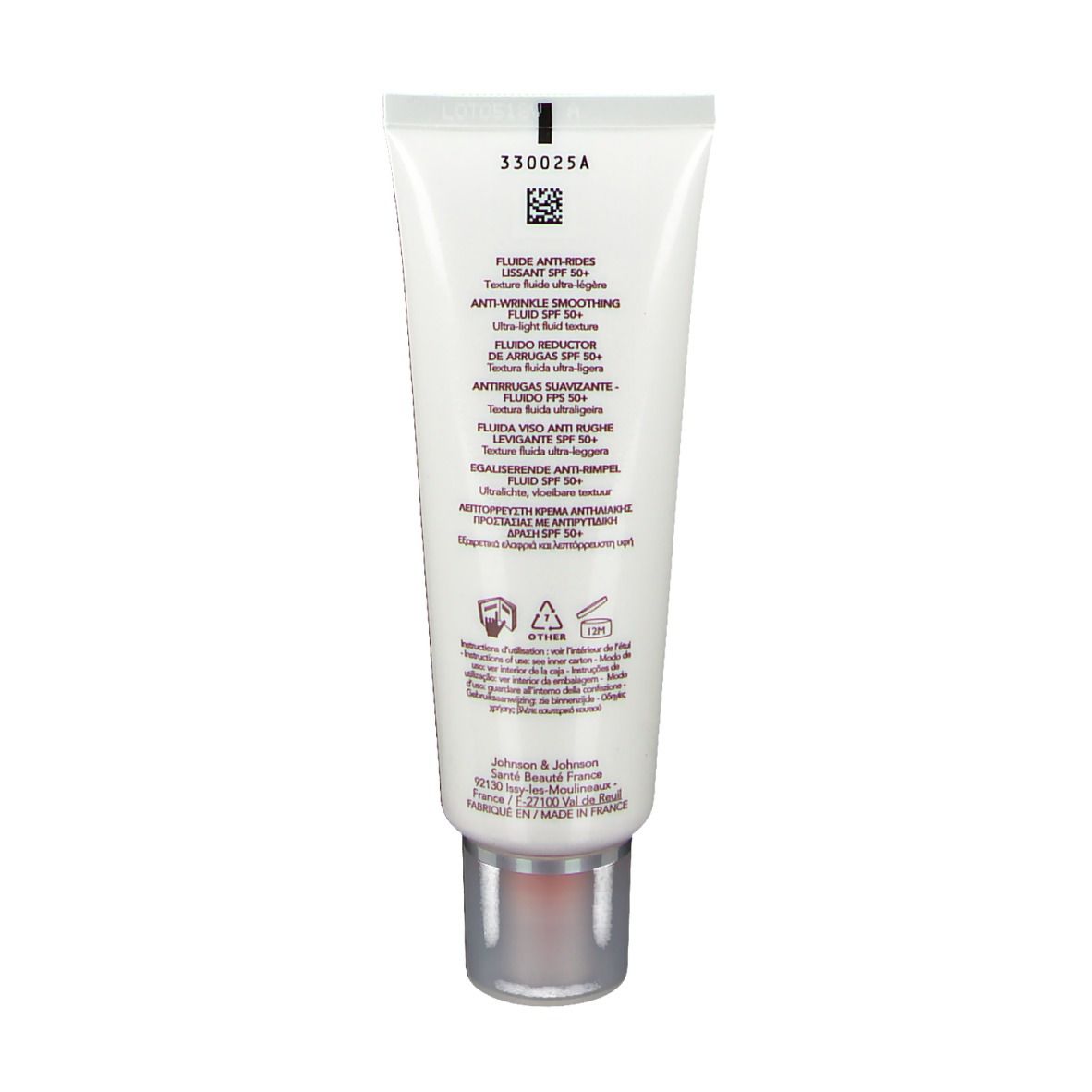 Dos du tube blanc. Informations produit multilingues. Ingrédients et coordonnées fabricant.