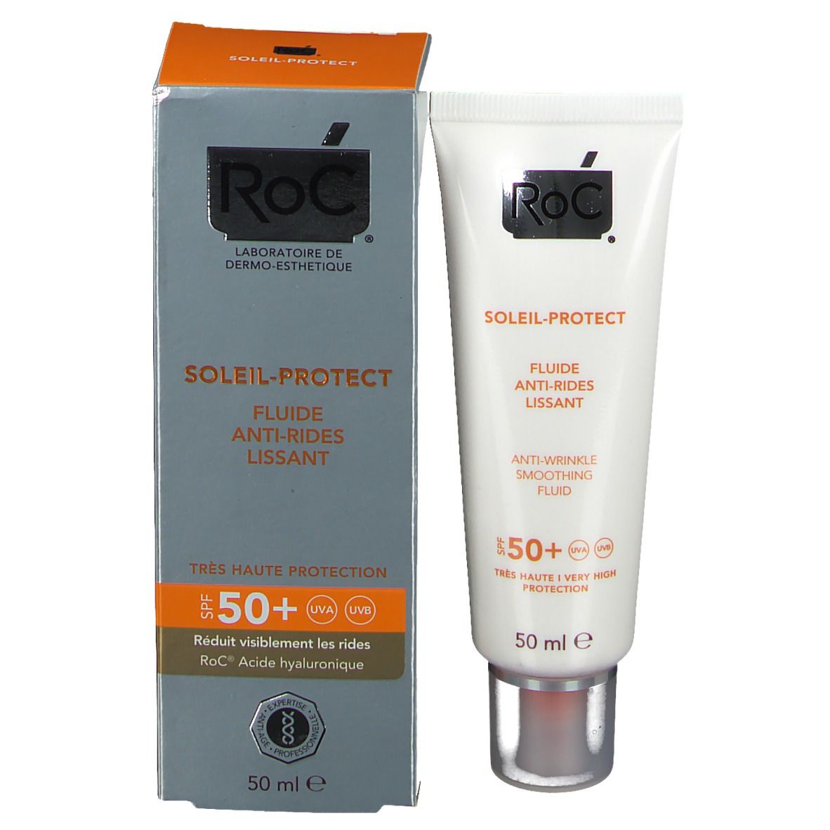 Emballage produit avec tube. RoC SOLAIL-PROTECT. SPF 50+. Réduction des rides. 50 ml.