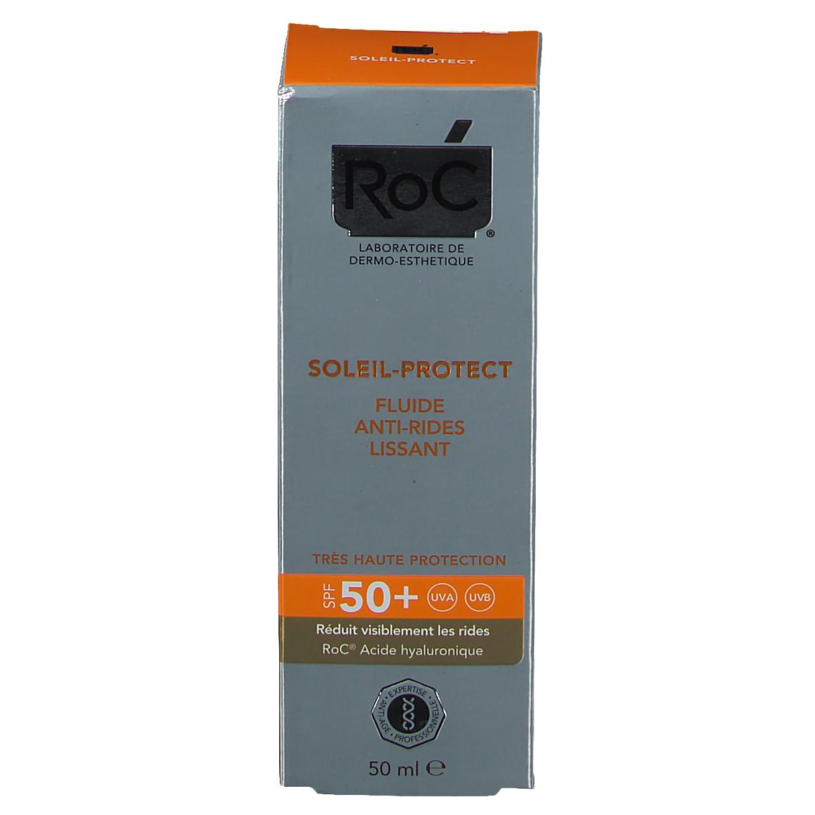Emballage produit. RoC SOLAIL-PROTECT. SPF 50+. Réduit les rides. 50 ml.