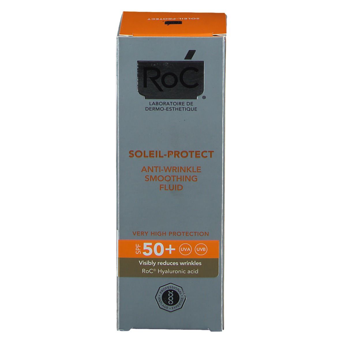 Emballage produit. RoC SOLAIL-PROTECT. SPF 50+. Réduit les rides. Acide hyaluronique.