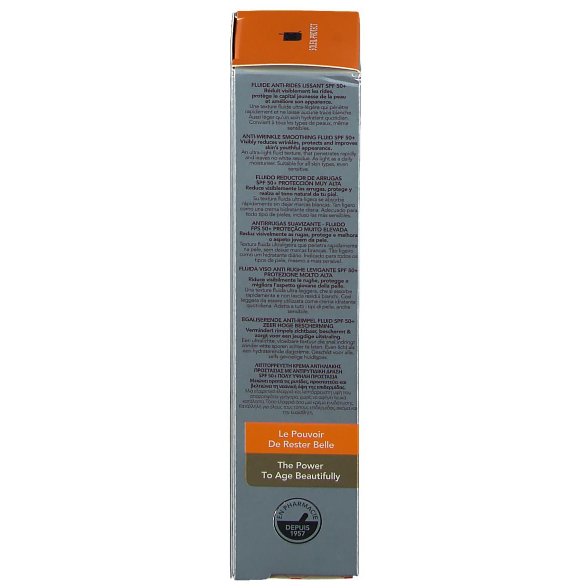 Emballage produit, dos. Informations produit multilingues. Coordonnées fabricant.