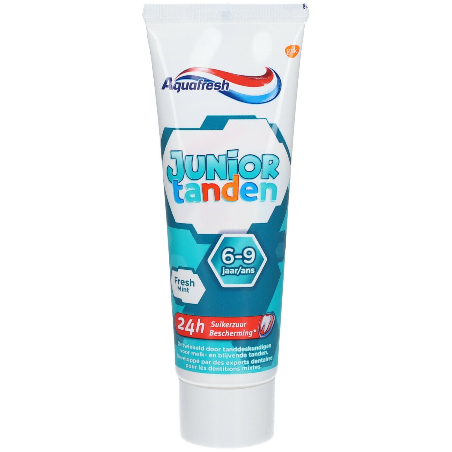 Tube de dentifrice Aquafresh Junior Tanden. Inscription : 6-9 ans, Fresh Mint, 24h bescherming.