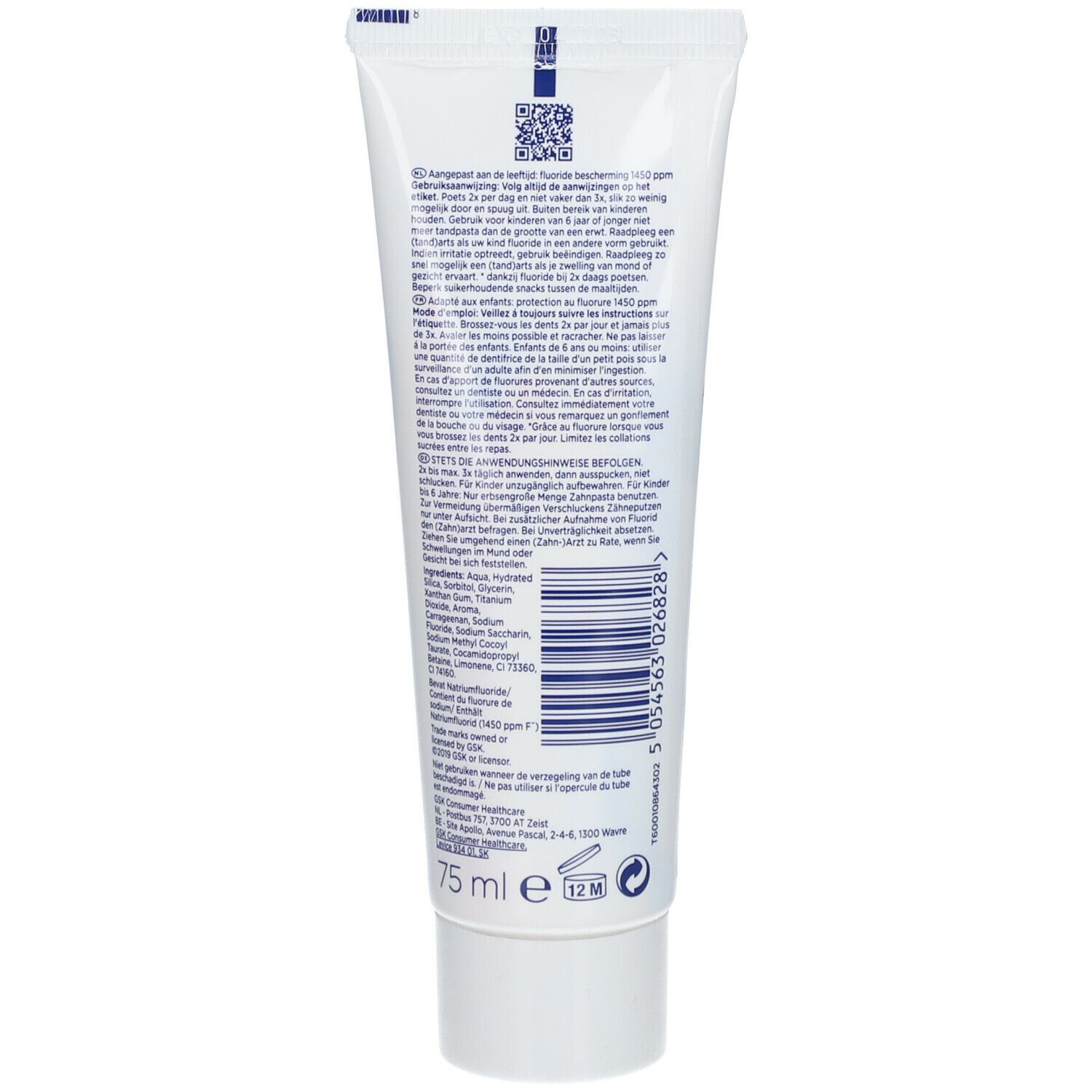 Dos du tube de dentifrice. Texte multilingue. Ingrédients et instructions d'utilisation.