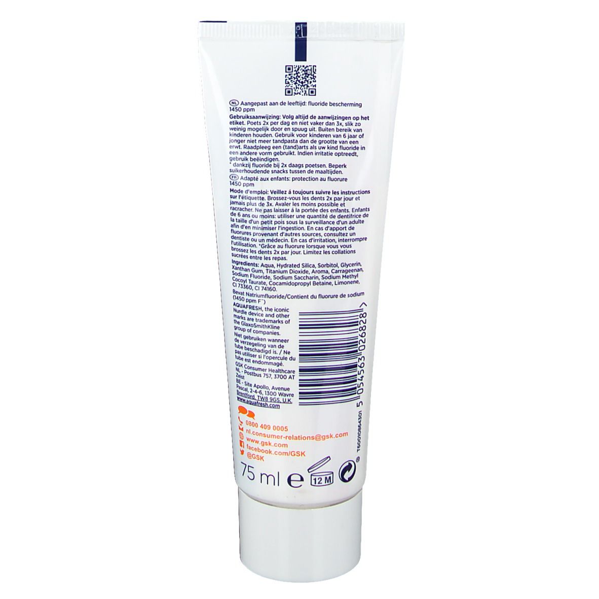 Dos du tube de dentifrice. Texte multilingue. Ingrédients et instructions d'utilisation.