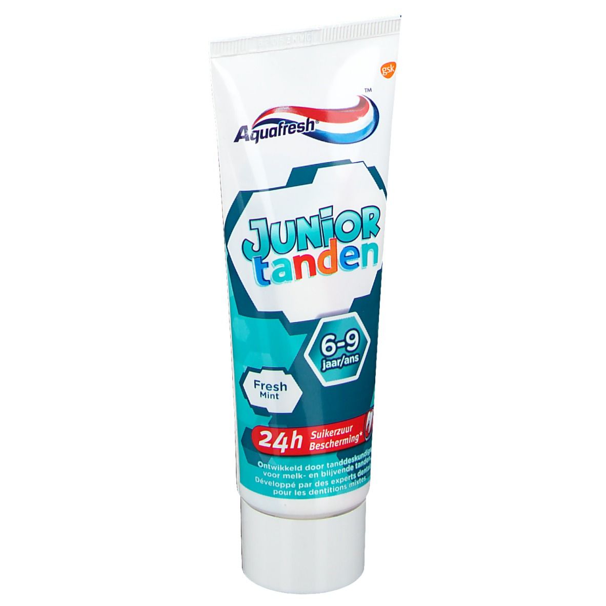 Tube de dentifrice Aquafresh Junior Tanden. Inscription : 6-9 ans, Fresh Mint, 24h bescherming.