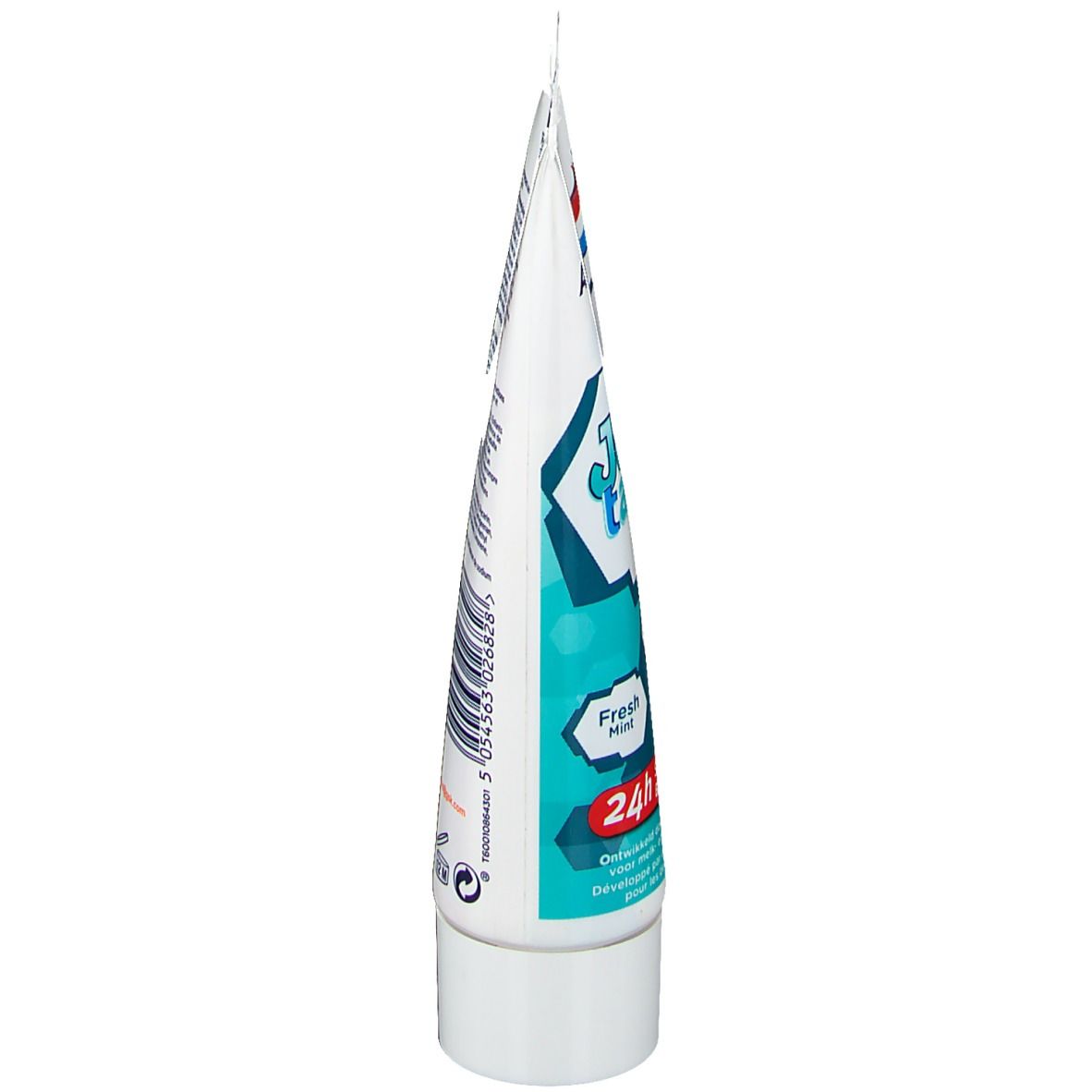 Tube de dentifrice, vue latérale. Inscription : Fresh Mint, 24h bescherming.