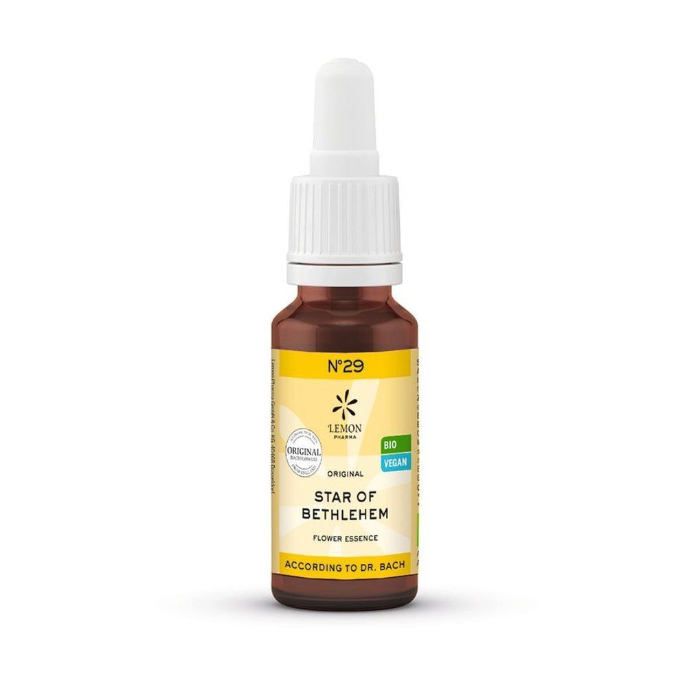 Bruine glazen fles met druppeldop, bevat "Star of Bethlehem" bloesemremedie. Bio en Vegan.