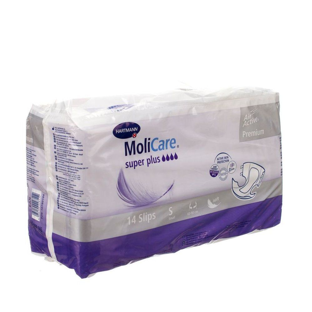Verpakking met Hartmann MoliCare Super Plus incontinentieslips. 14 stuks, maat S. Paarse en witte verpakking met productlogo.