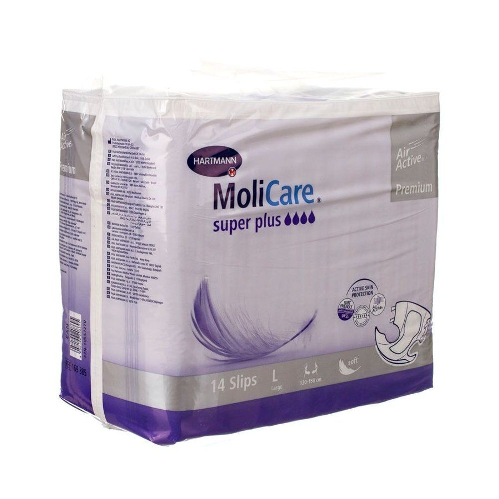 Verpakking Hartmann MoliCare Super Plus. 14 slips, maat L. Met Air Active Premium en Active Skin Protection.