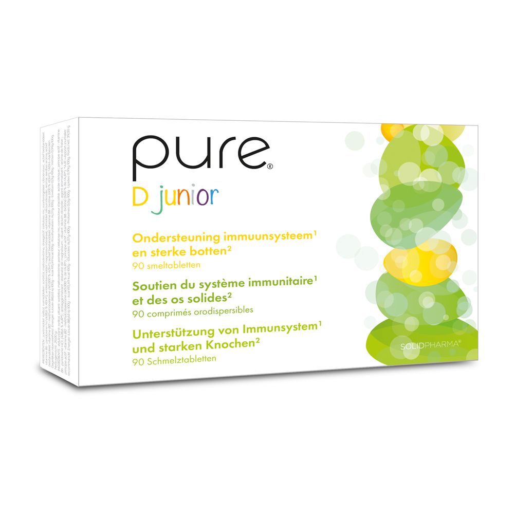 Achterkant van de "pure D junior" doos. Tekst in het Duits, Frans en Nederlands. Groen-geel design.