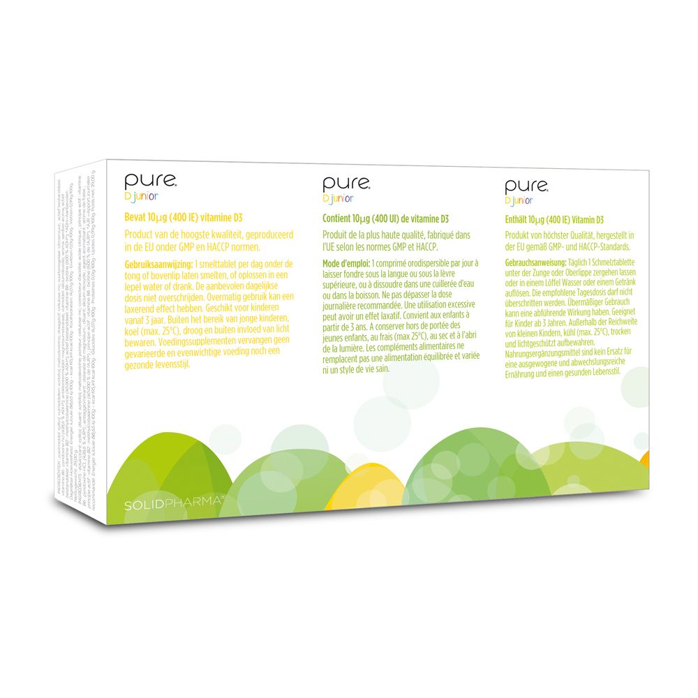 Achterkant van de "pure D junior" doos. Tekst in het Duits, Frans en Nederlands. Groen-geel design.