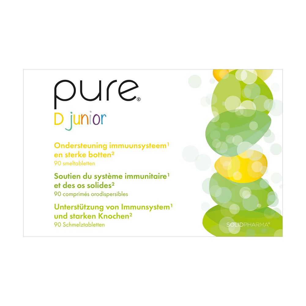 Witte doos met "pure D junior" logo. Tekst in het Duits, Nederlands en Frans. Groen-geel design.
