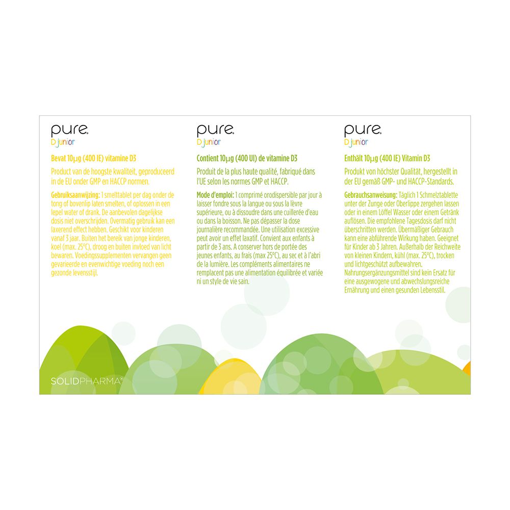 Achterkant van de "pure D junior" doos. Tekst in het Duits, Frans en Nederlands. Groen-geel design.