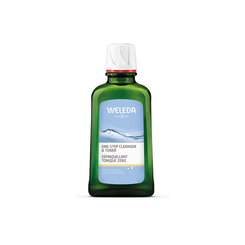 Groene fles met witte dop. Opschrift: Weleda, One-Step Cleanser & Toner, Démaquillant Tonique 2en1.
