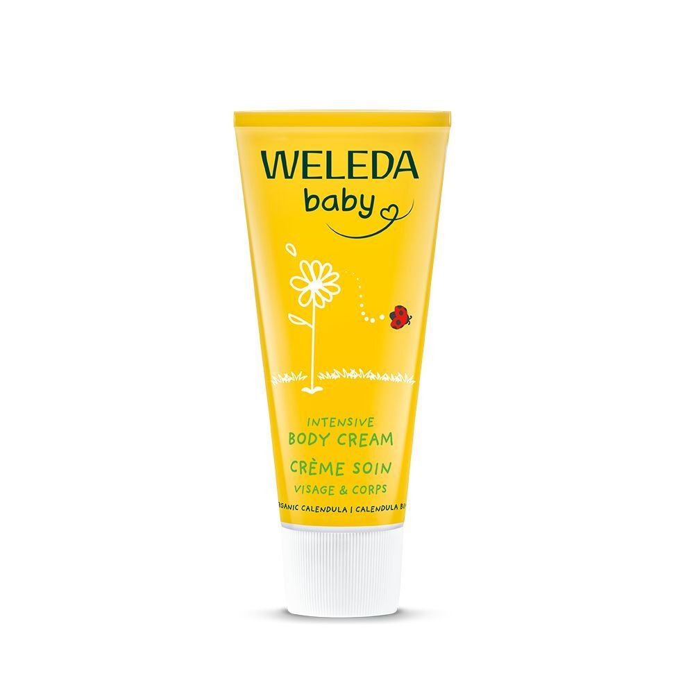 Gele tube met witte dop. Opschrift: WELEDA baby, Intensive Body Cream, Crème Soin, Calendula. Illustratie van bloem.