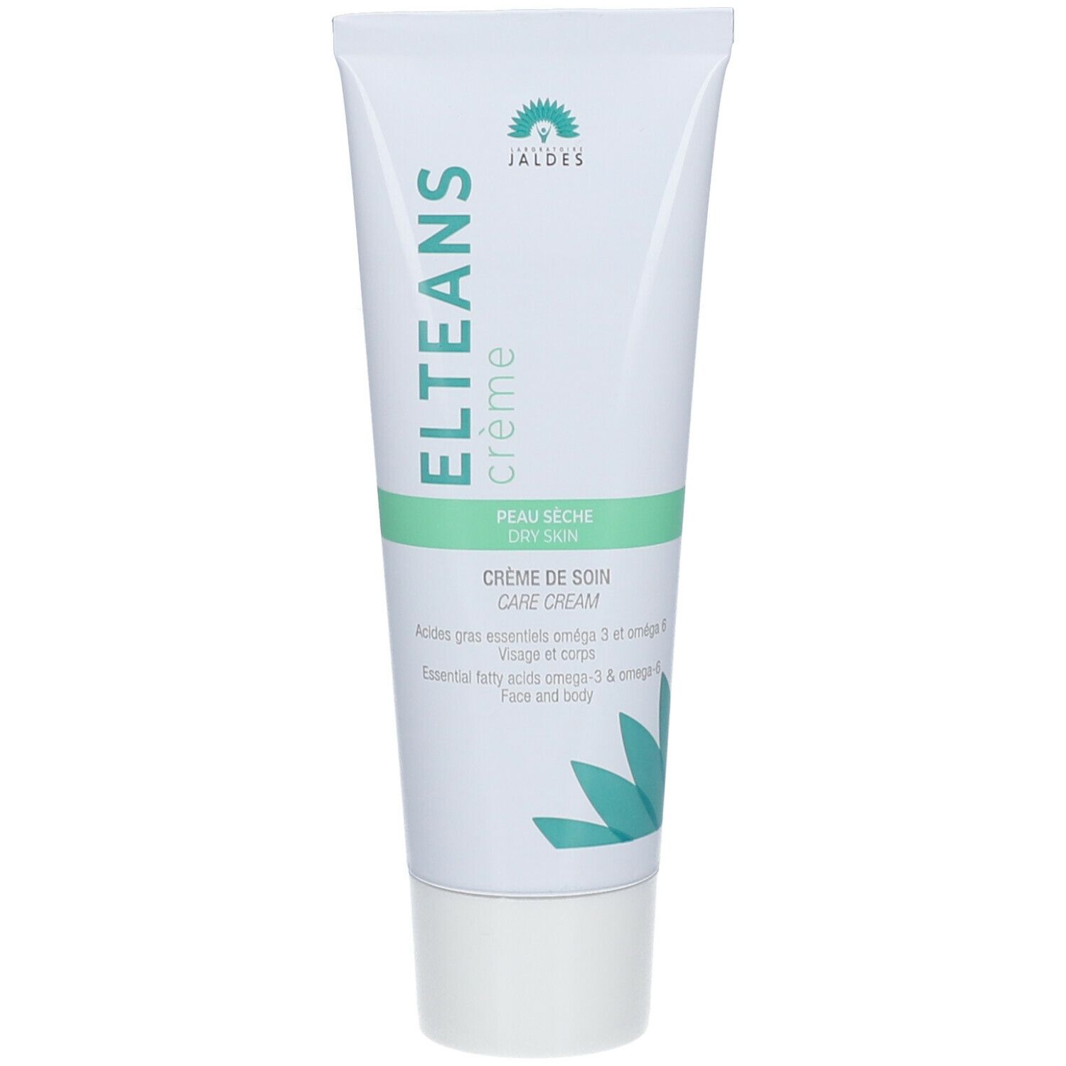 ELTEANS crème tube, wit met groene accenten. Tekst: ELTEANS crème, Peau sèche, Crème de soin. Jaldes logo.