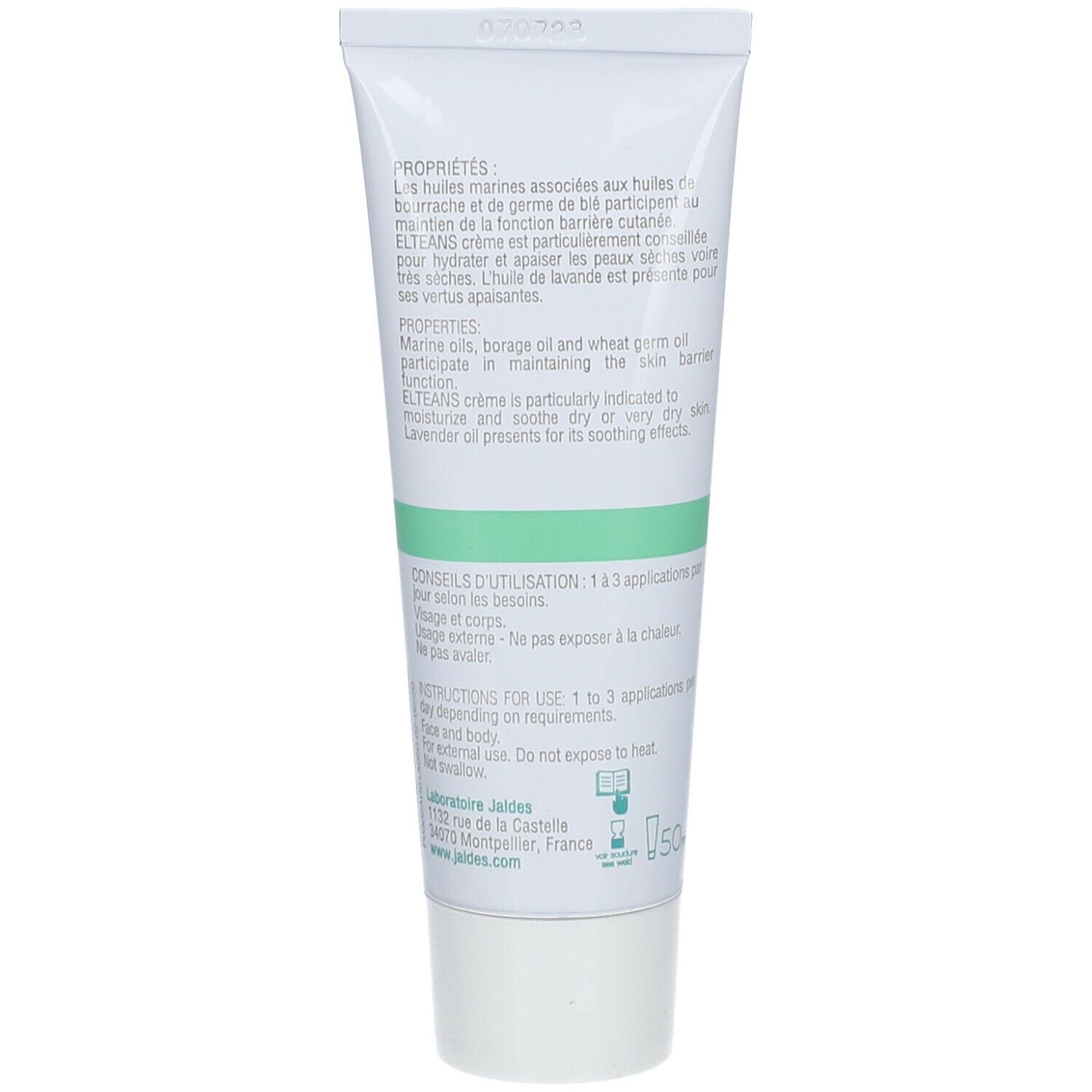 Achterkant ELTEANS crème tube. Tekst: Eigenschappen, ingrediënten, gebruiksaanwijzing. Jaldes logo. Volume: 50ml.