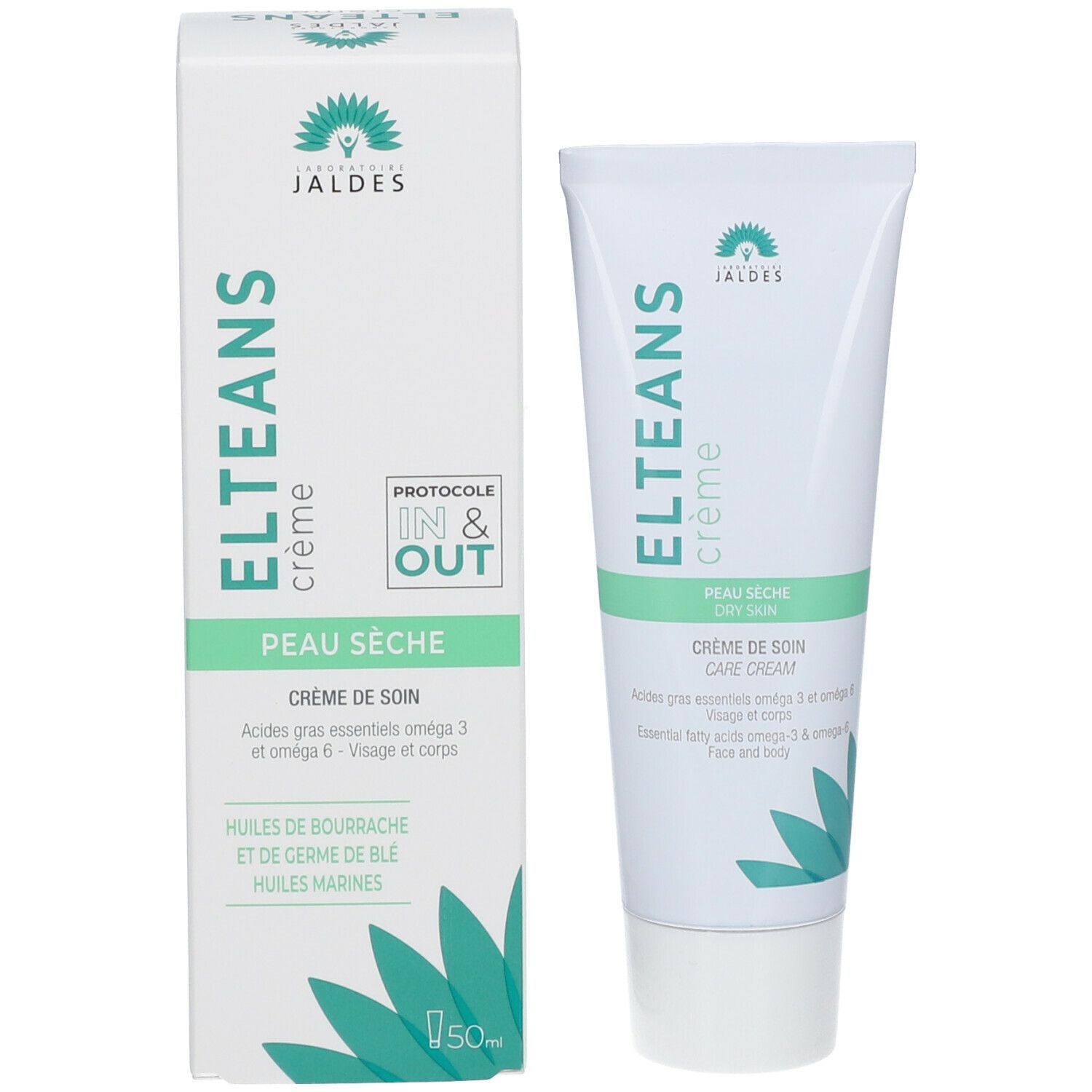 ELTEANS crème tube en doos. Tekst: ELTEANS crème, Peau sèche, Crème de soin. Jaldes logo. Doos: 50ml.