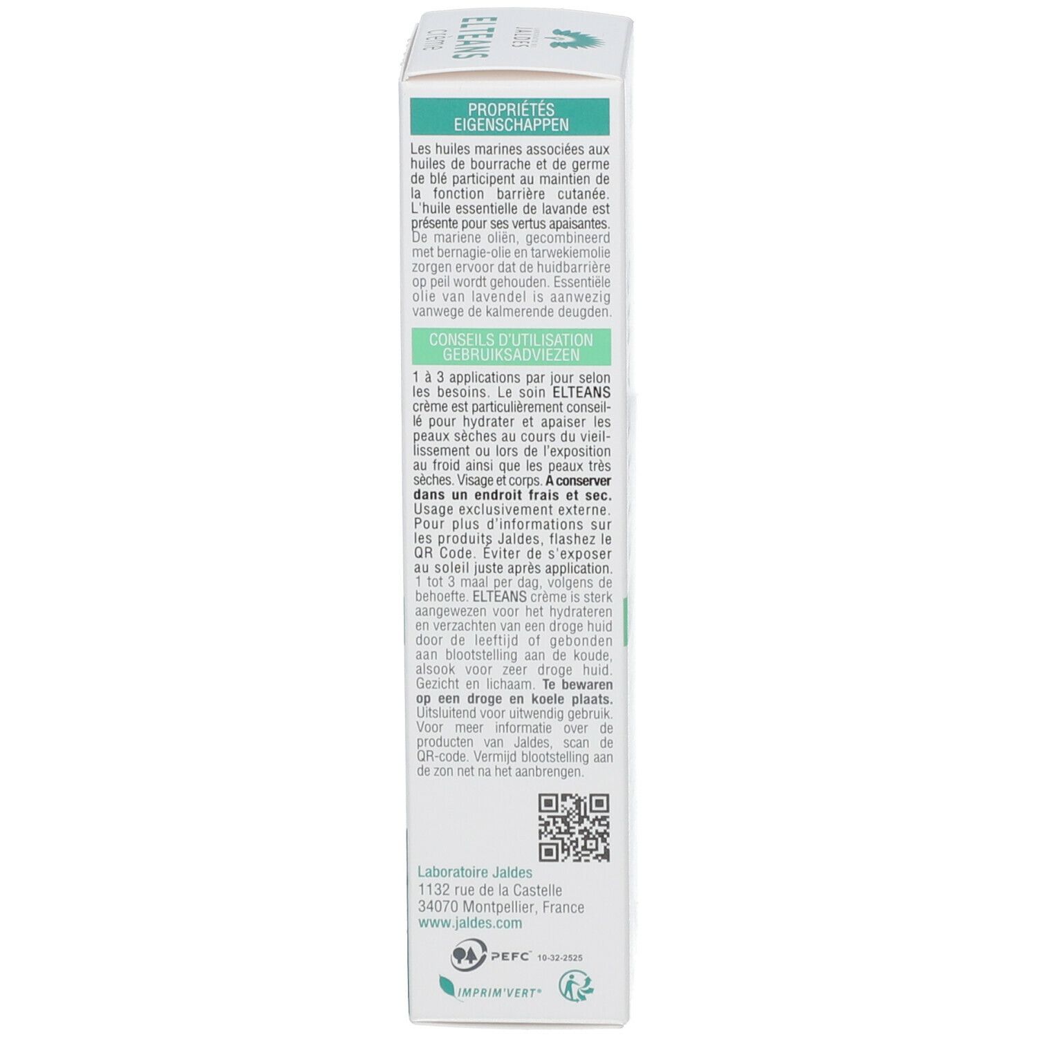 Achterkant ELTEANS crème doos. Tekst: Eigenschappen, ingrediënten, gebruiksaanwijzing. Jaldes logo. QR-code.
