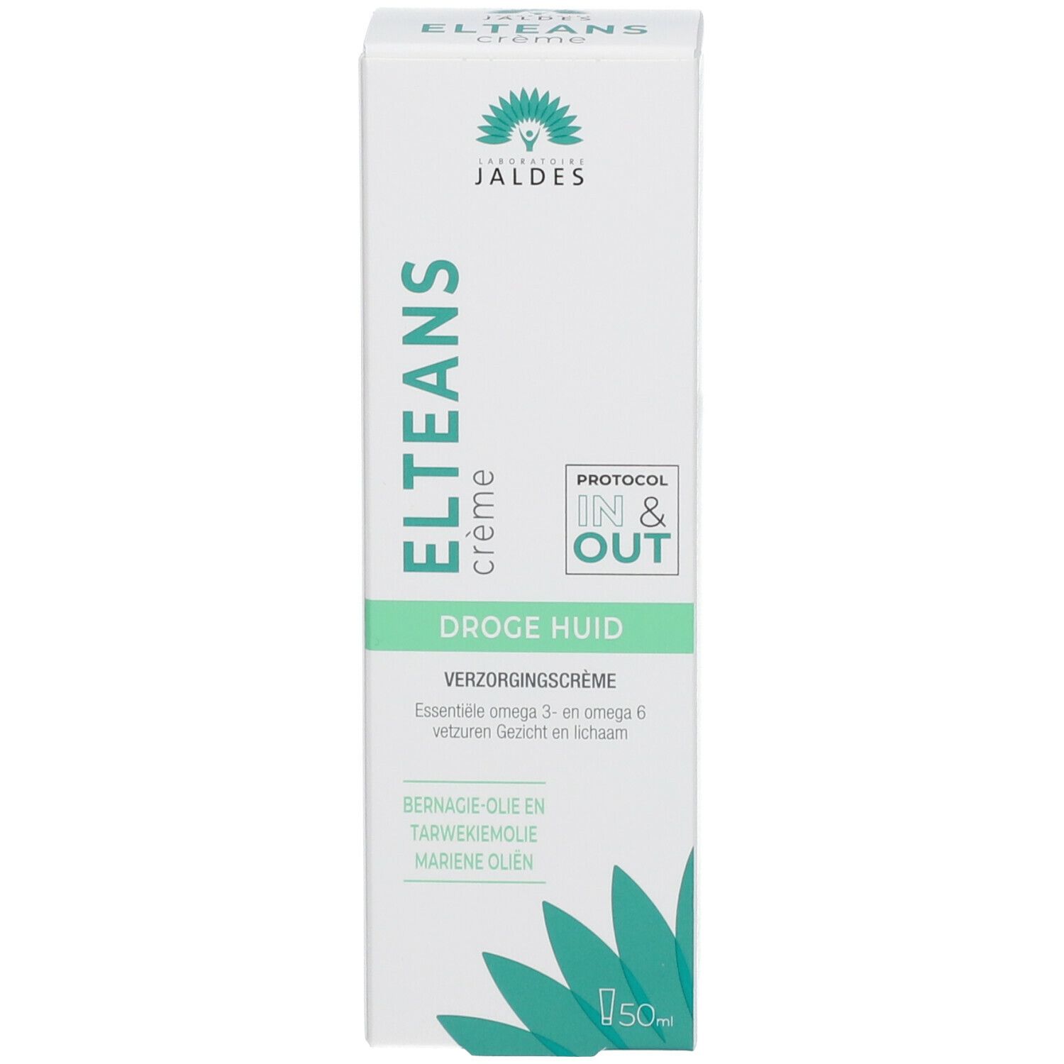 ELTEANS crème doos. Tekst: Droge Huid, Verzorgingscrème. Jaldes logo. Volume: 50ml. Ingrediënten.