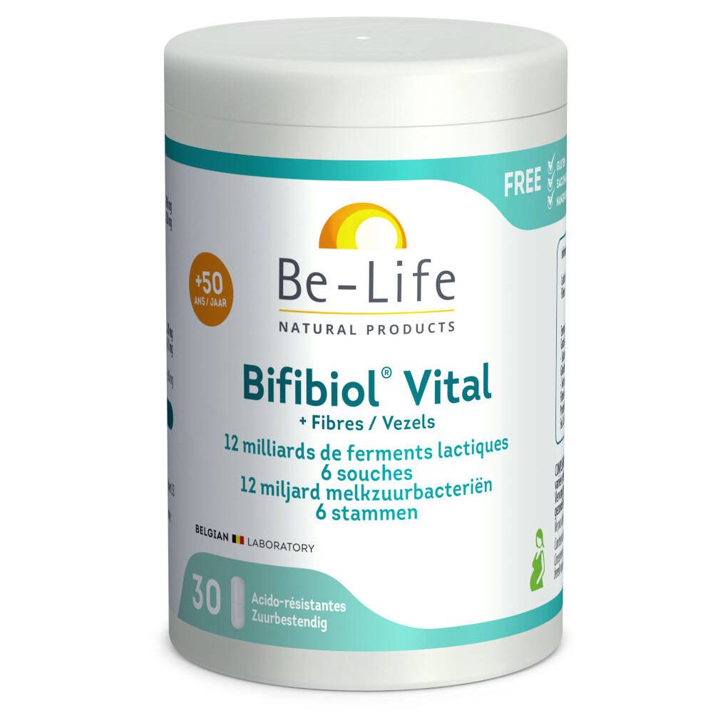 Be-Life Bifibiol Vital. Witte pot met tekst en logo. Bevat 30 capsules. Tekst in het Frans, Nederlands en Engels.