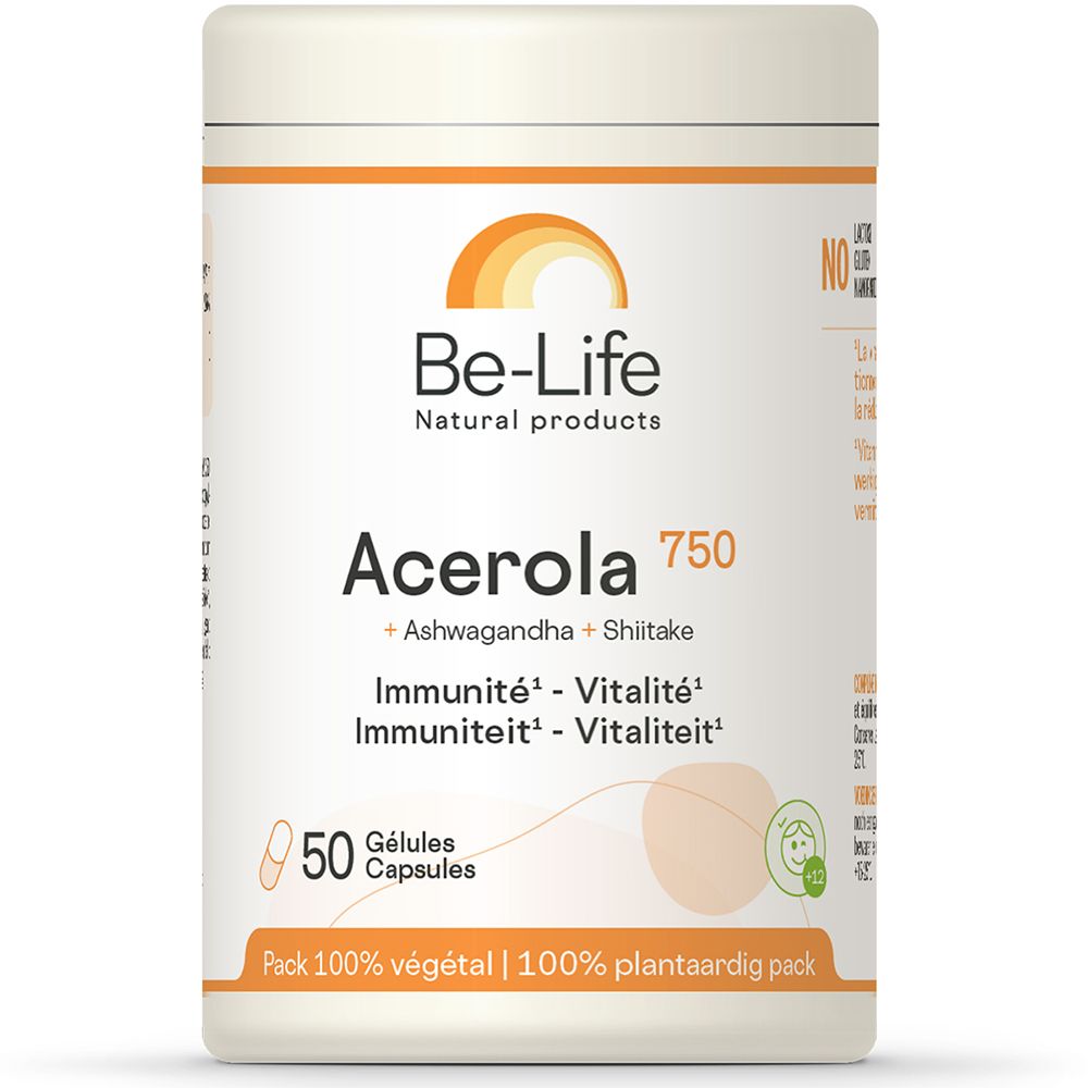Be-Life Acerola 750. Boîte de 50 gélules. Contient Acerola, Ashwagandha et Shiitake. Pour l'immunité et la vitalité.
