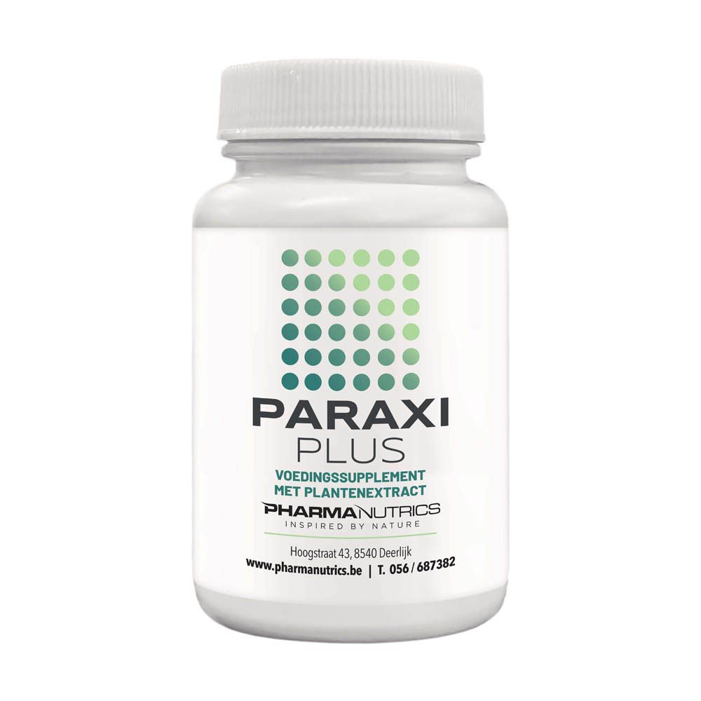 Witte fles met groen etiket. Opschrift: PARAXI PLUS, voedingssupplement. Groen patroon bovenaan.