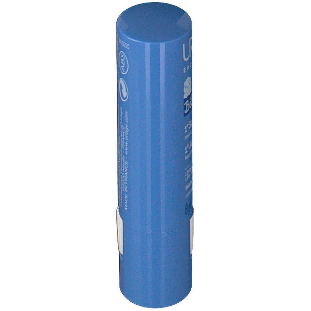 Blauwe stick, schuin aanzicht. Witte sticker met tekst. Uriage-logo en productnaam gedeeltelijk zichtbaar.