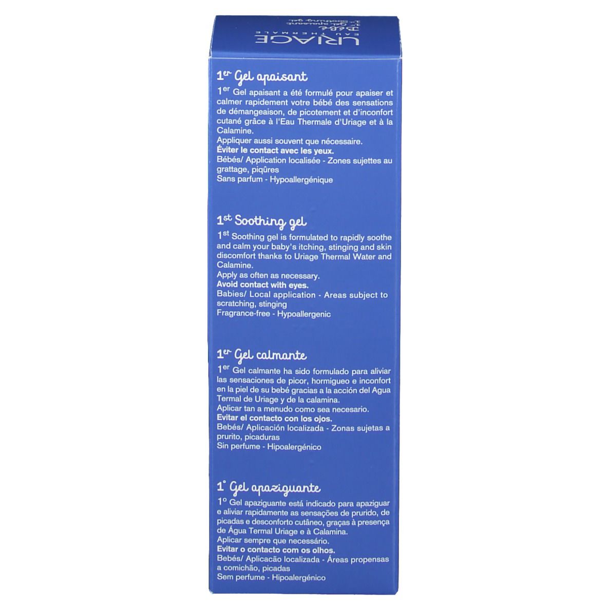 Boîte bleue, côté avec informations produit en plusieurs langues. Contient du texte.