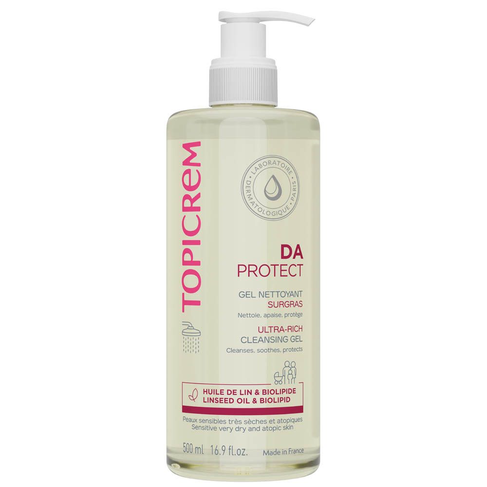Transparante fles met witte pomp. Opschrift TOPICREM, DA Protect, Gel Nettoyant Surgras, Ultra-Rich Cleansing Gel. 500ml.