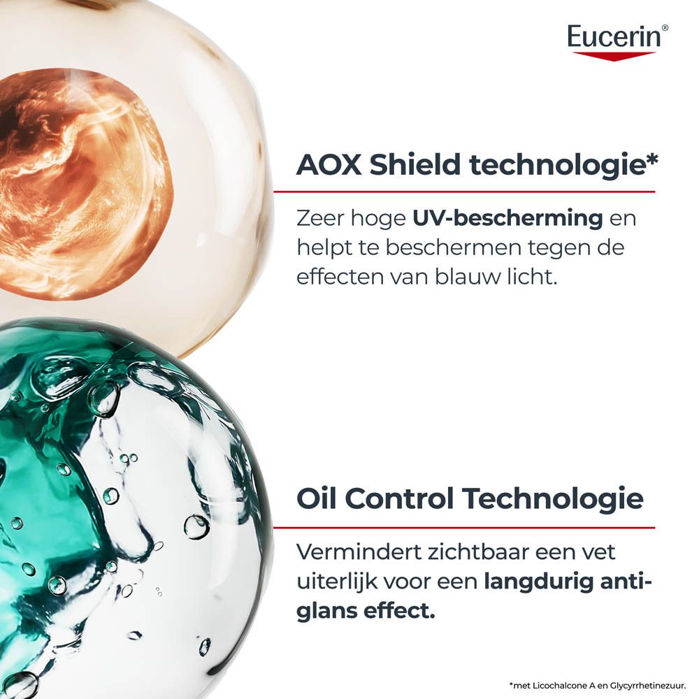 Eucerin AOX Shield & Oil Control: Hoge UV-bescherming, beschermt tegen blauw licht, matterend effect.