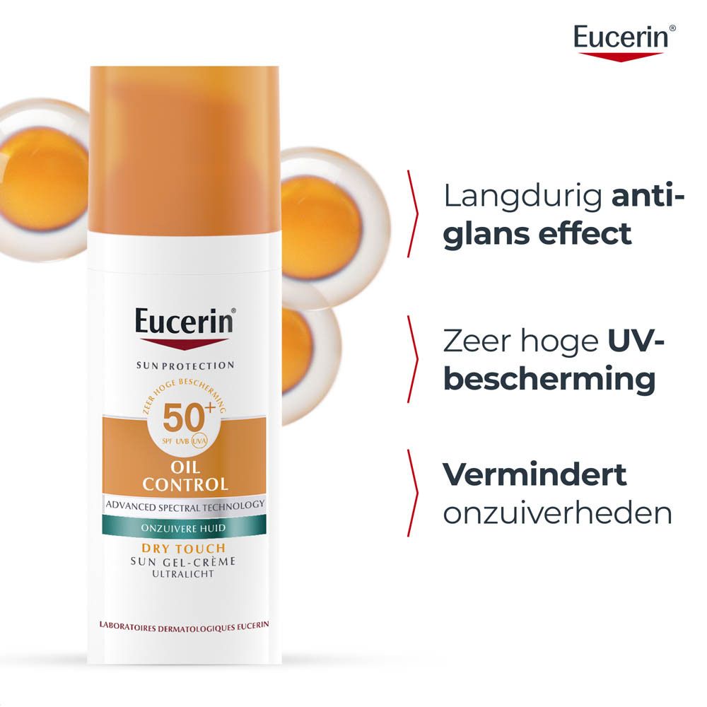 Eucerin Oil Control SPF 50+: Langdurig mat effect, hoge UV-bescherming, vermindert onzuiverheden.