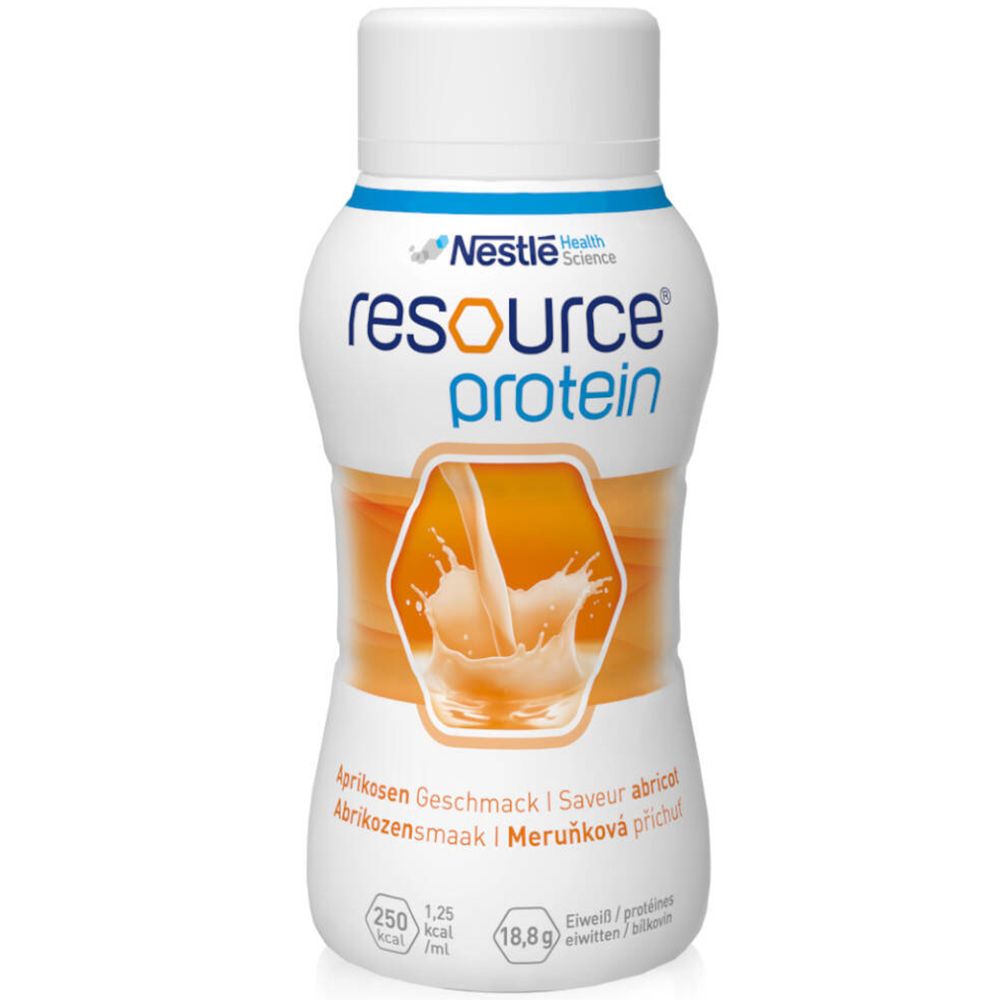Bouteille blanche avec bouchon blanc. Inscription: Resource Protein. Illustration d'abricots. Texte: Goût abricot.