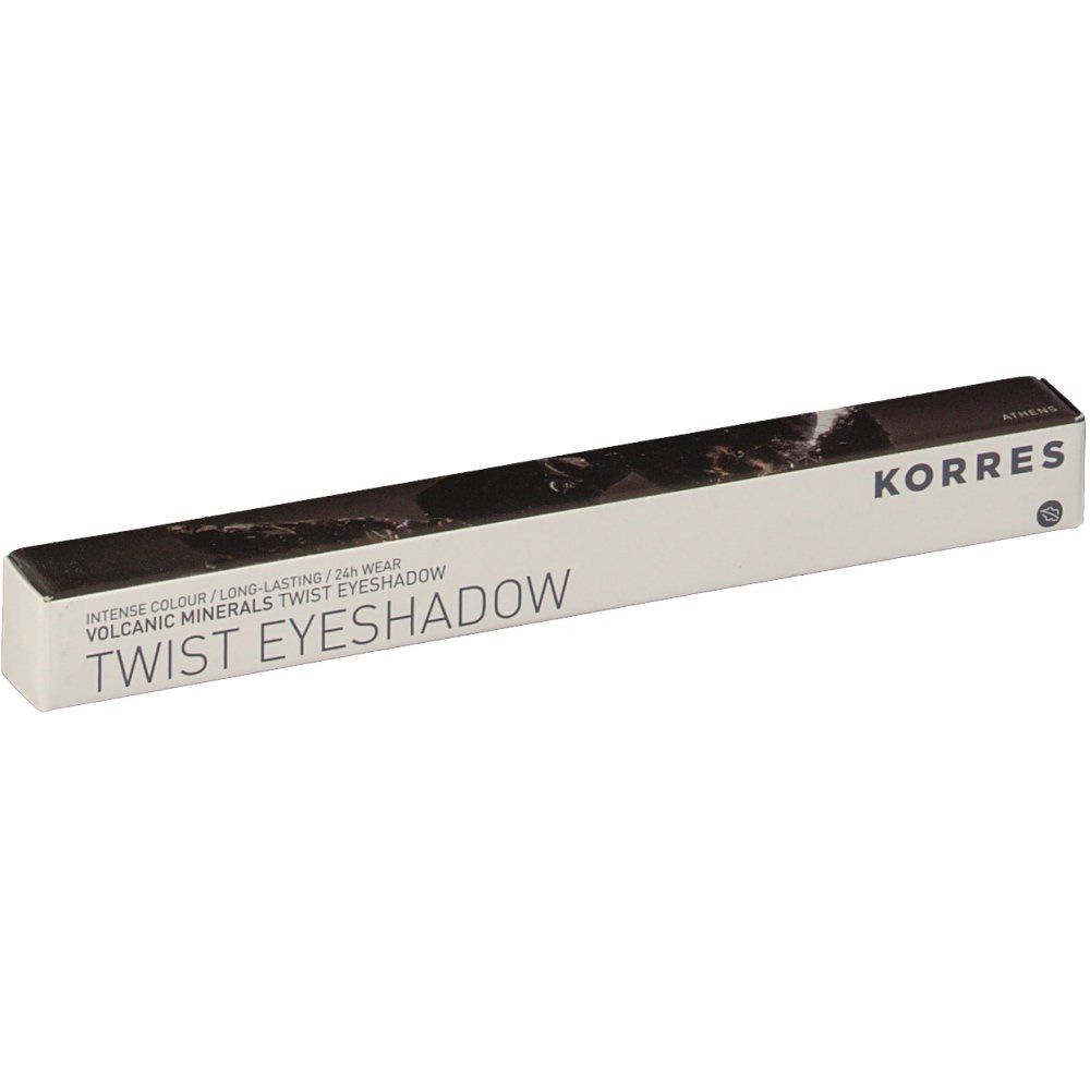 Emballage rectangulaire blanc avec texte noir. Marque KORRES, TWIST EYESHADOW. Inscription: INTENSE COLOUR, LONG LASTING.