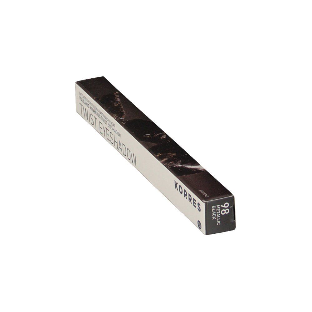 Vue en biais de l'emballage. Marque KORRES, TWIST EYESHADOW. Couleur: blanc avec texte noir. Code couleur 98 METALLIC BLACK.