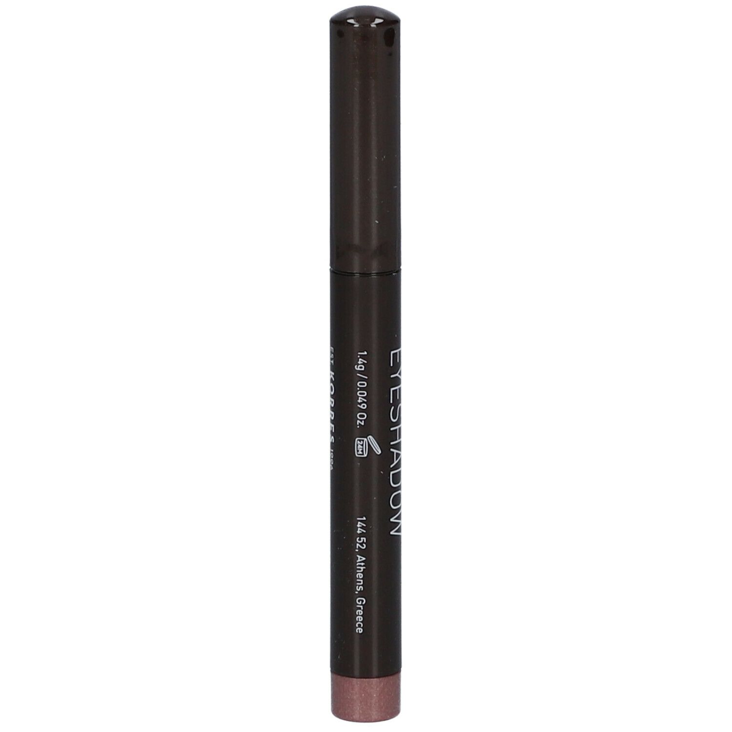 Crayon fard à paupières Twist, marron foncé. Inscription: Twist Eyeshadow. 1g/0.049 Oz. 144 52, Athens, Greece.