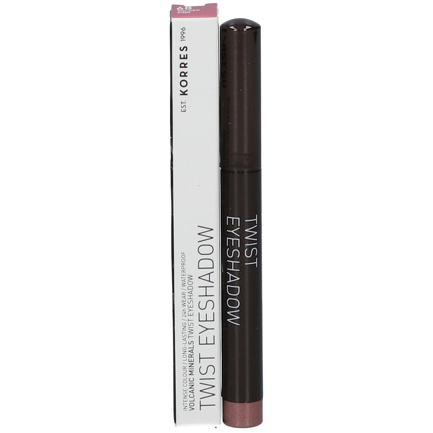 Crayon fard à paupières et emballage. Inscription: KORRES, Twist Eyeshadow, Intense Colour, 24h Wear, Waterproof.