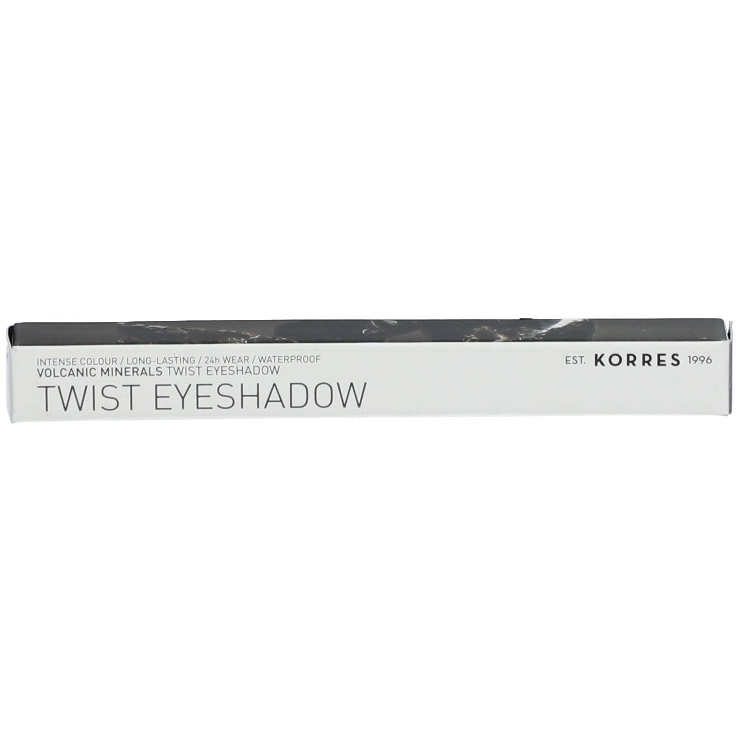 Verpakking KORRES Eyeshadow Twist. Wit met zwarte tekst. Productnaam en merk duidelijk zichtbaar.