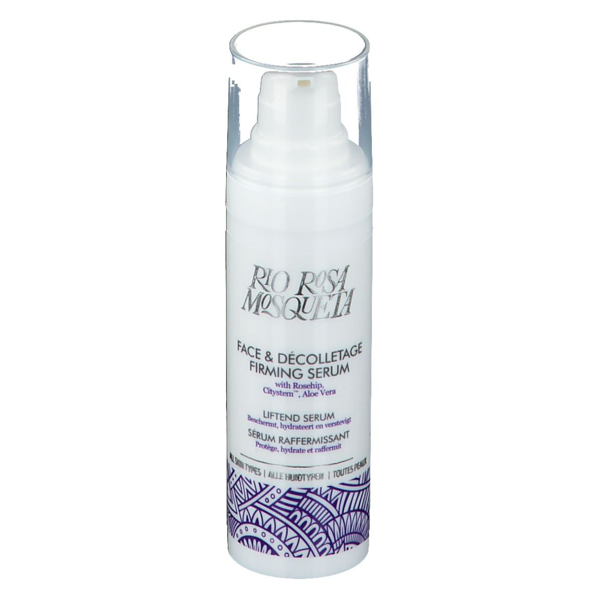 Flacon blanc avec pompe et couvercle transparent. Inscription : Rio Rosa Mosqueta, Face & Décolletage Firming Serum.