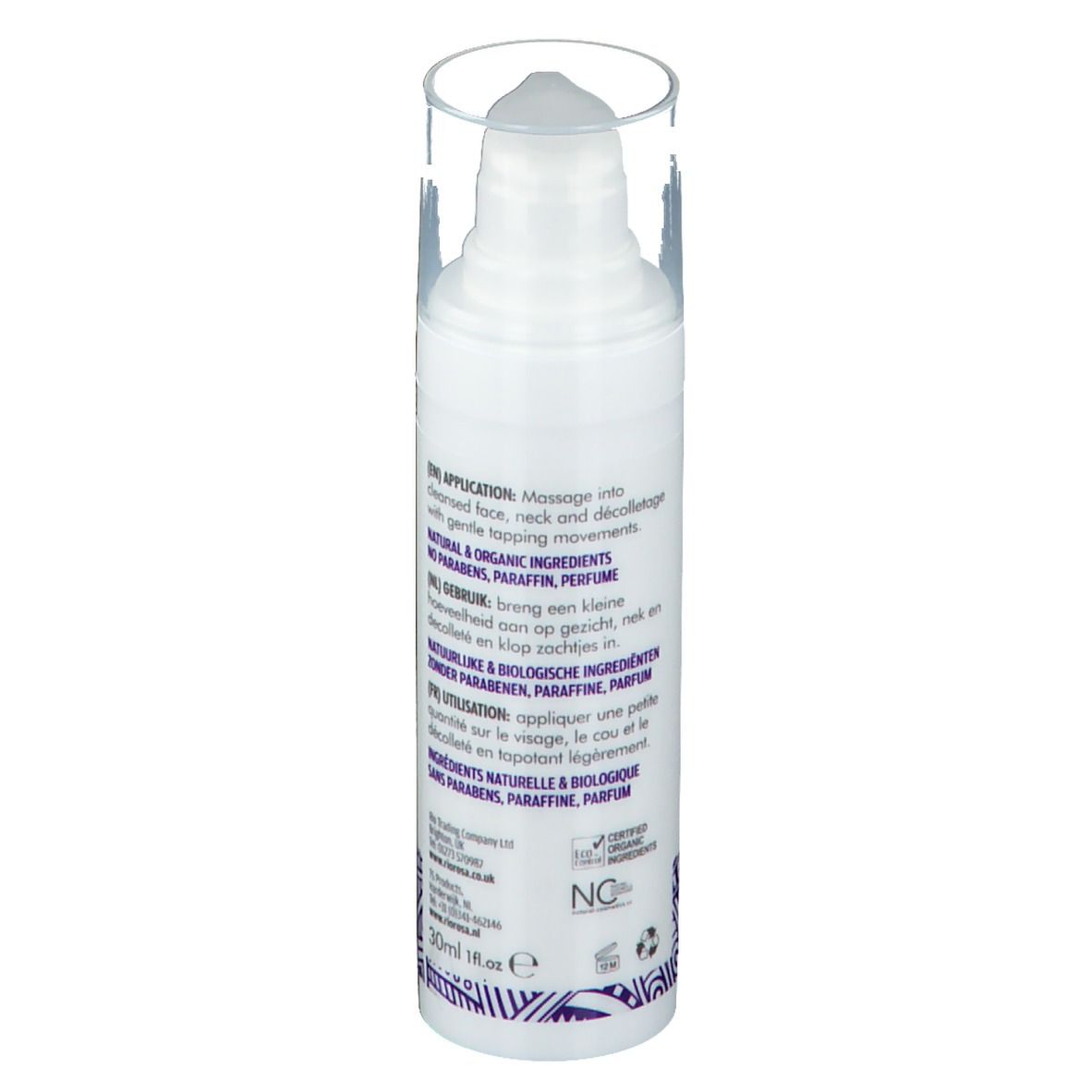 Dos d'un flacon blanc avec pompe. Texte multilingue : application, ingrédients, certification.