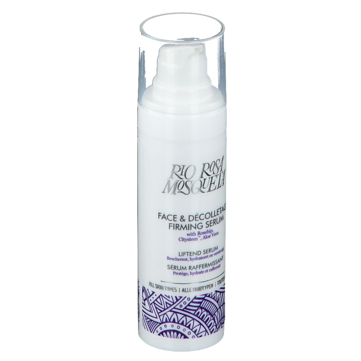 Flacon blanc avec pompe et couvercle transparent. Inscription : Rio Rosa Mosqueta, Face & Décolletage Firming Serum.