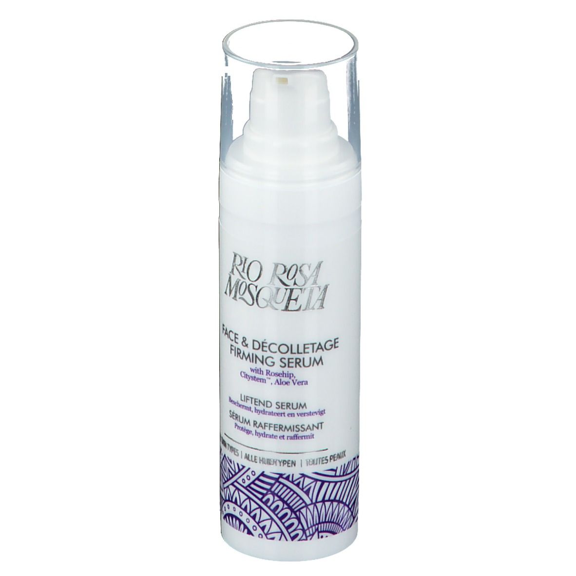 Flacon blanc avec pompe et couvercle transparent. Inscription : Rio Rosa Mosqueta, Face & Décolletage Firming Serum.
