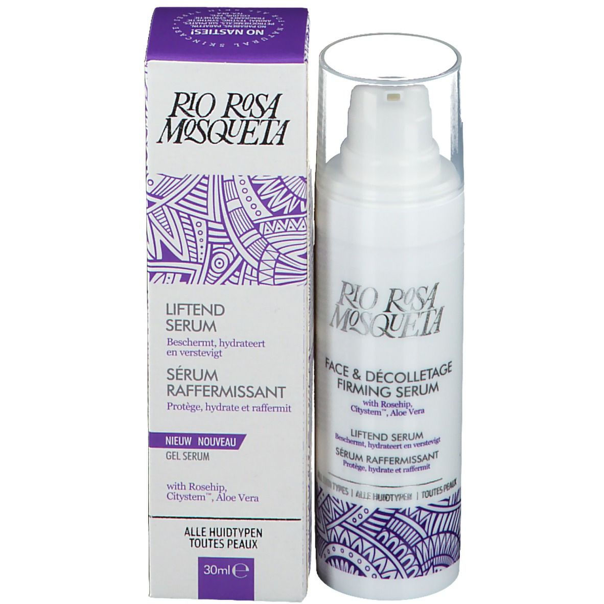 Emballage et flacon du produit. Emballage : blanc, violet, texte. Flacon : blanc, pompe, couvercle transparent.