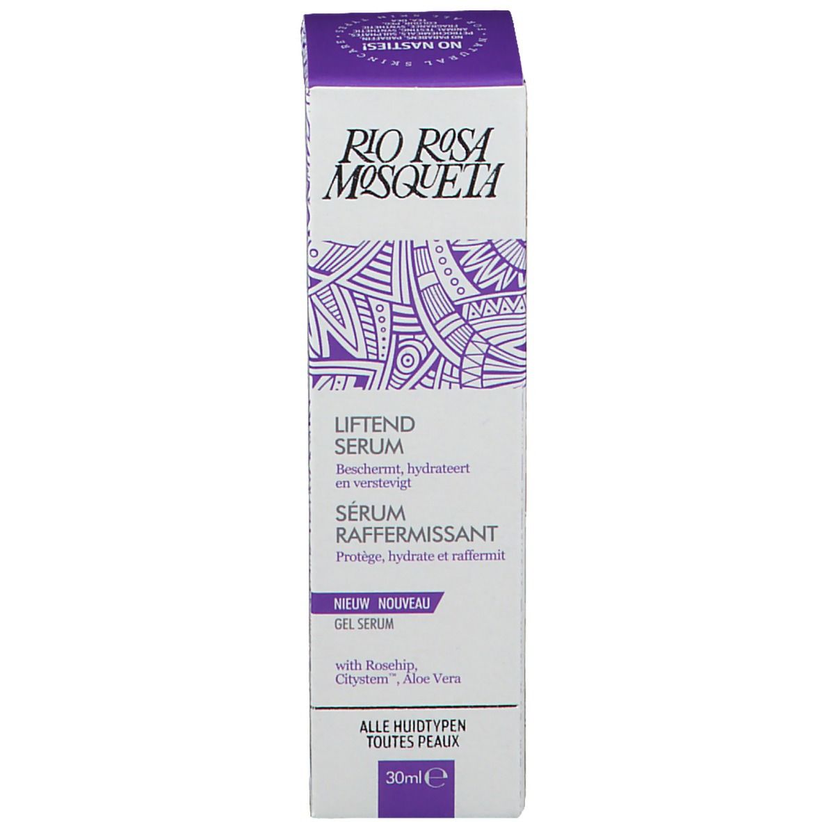Emballage produit rectangulaire et haut. Blanc, violet, texte. Inscription : Rio Rosa Mosqueta, Liftend Serum, 30ml.