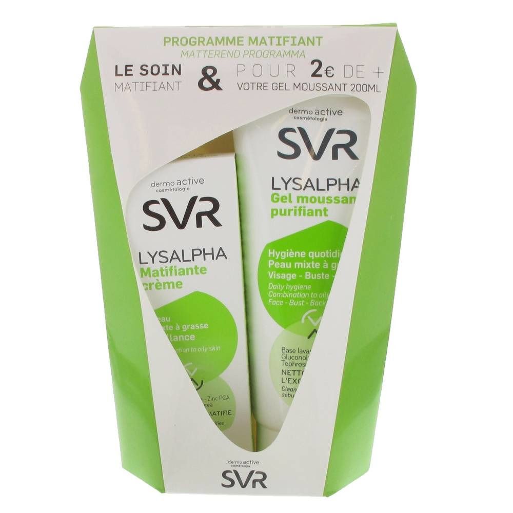 Verpakking met SVR Lysalpha crème en gel. Groene en witte verpakking. Tekst: Lysalpha, Matifiante, Gel moussant.